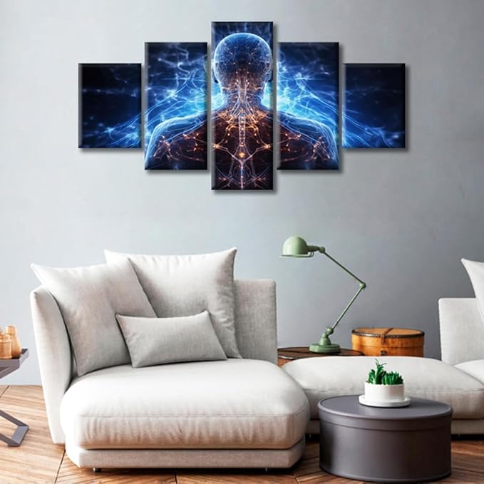 Artificial Intelligence Concept Wall Paintings for Living Room Brain Neural Human Head Pictures Print On Canvas Men Boys Bedroom Wall Decor Office Wall Art Posters Framed Ready to Hang (60"Wx32"H)