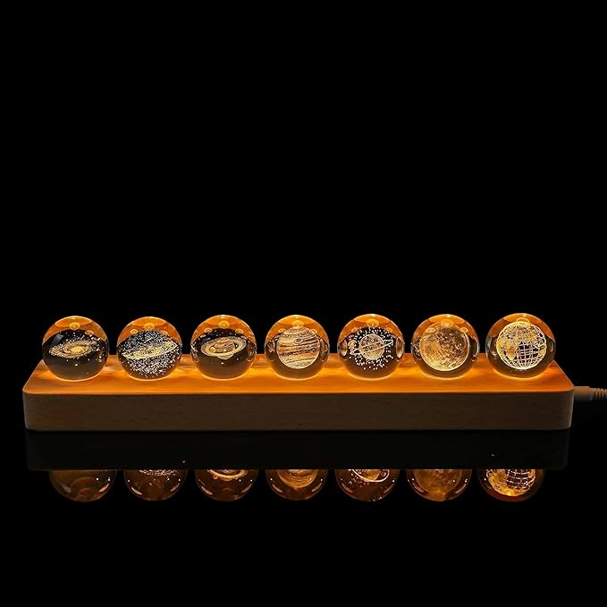 Set of 7 Planet Crystal Ball Night Light 1.57-inch Solar System Galaxy Decorative Balls with LED Wooden Base for Meditation Positive Energy Decor