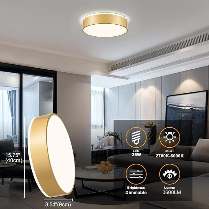 Gold Flush Mount Ceiling Lights, Modern Dimmable 5CCT Close to Lighting Fixture, 2700K-6000K LED Round Ceiling Lamp for Bedroom, Bathroom, Dining Room, Living Room-15.8in