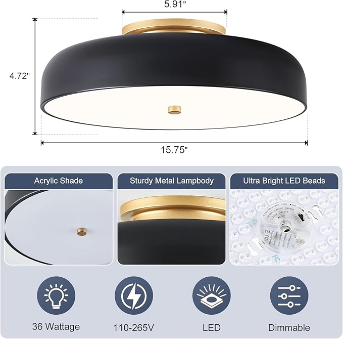Dimmable LED Ceiling Light, Black and Gold Light Fixture, Mid-Century Semi Flush Mount Ceiling Light 5CCT 2700K-6000K Ceiling Lamp for Laundry Room Kitchen, Bedroom, Hallway(15.8in)