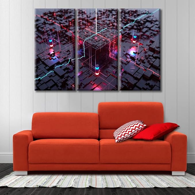 TUMOVO Computer Processors CPU Poster Wall Decor 3 Piece Modern GPU Card with Circuit and Colorful Lights Bedroom Art Prints Wall Decor Living Room Stretched and Framed Ready to Hang (36" Wx24 H)
