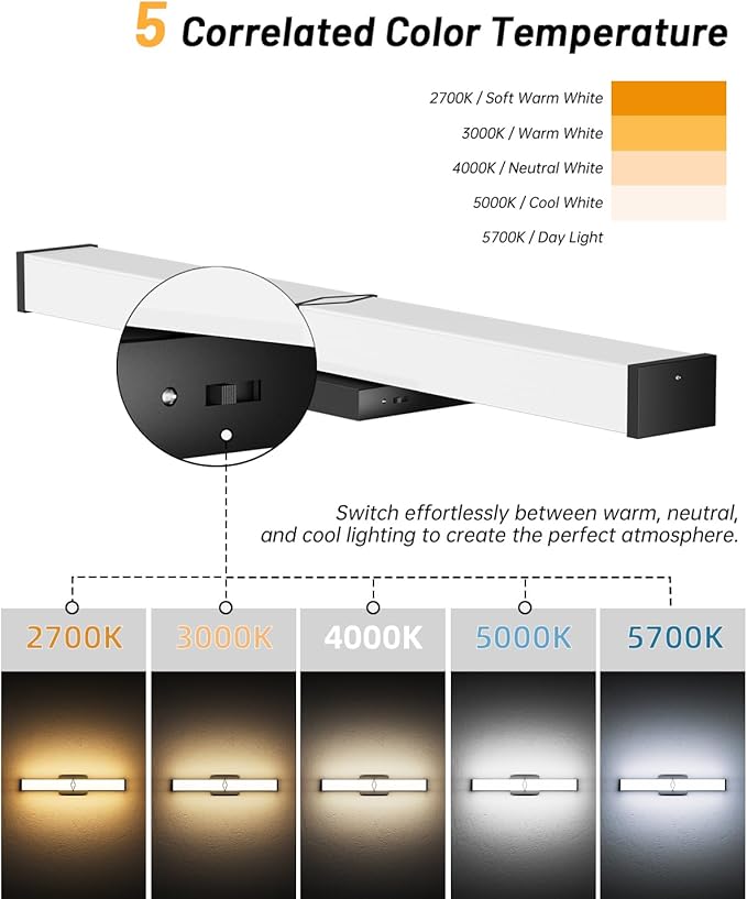 Modern Bathroom Light Fixtures, 24inch Dimmable LED Bathroom Vanity Lights Over Mirror, 25W 2700LM 5CCT Black Vanity Lighting Fixtures for Mirror,ETL Certified