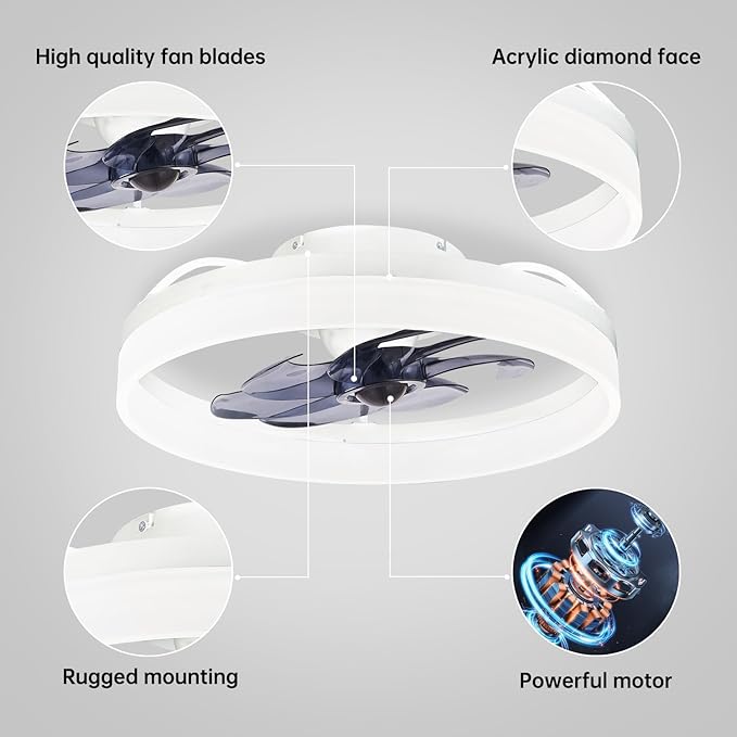 Smart Ceiling Fan with Lights and Alexa Assistant/APP/Remote Control Low Profile Fan with 6 Speeds, 15° Tilt Manal Adjustment, Stepless Color Temperature Change for Home, Office White