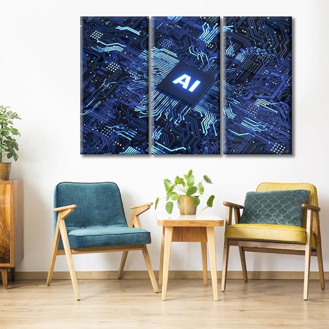 3 Pieces Chip Canvas Wall Art for Bedroom Artificial Intelligence Concept Wall Paintings for Living Room Virtual Network Office Modern Wall Art Pictures Print on Canvas Framed Ready to Hang (42"Wx28"H)