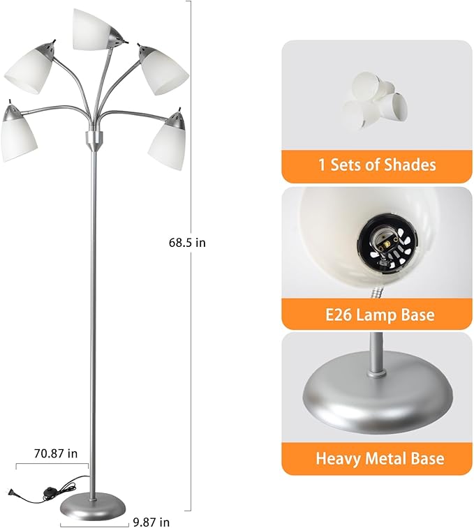 DINGLILIGHTING Floor Lamp Tall for Room: Flexible Gooseneck Floor Lamps Standing for Bedroom Home Office - Modern Floor Lights Silver 5-Light