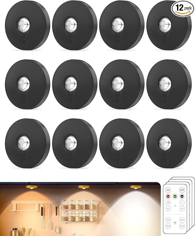 Rechargeable Puck Lights, 12-Pack LED Tap Lights with Remote, 1500mAh Battery, Dimmer & Timer, Wireless Stick-On Under Cabinet Lights for Closet, Bedroom, Kitchen, Black