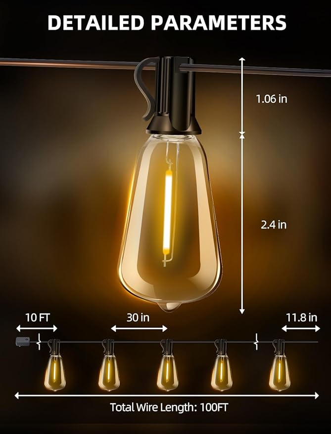 Outdoor Patio String Lights 100ft: ST38 LED Shatterproof Bulbs 3 Modes Button Control - Waterproof Connectable Lights - Wedding Bistro Party Gazebo Backyard Decorative