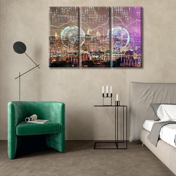 3 Panels Office Decor Forex Chart Drawings Over Cityscape Pictures Wall Art for Living Room Trading Graph on the Cityscape at Night Background Posters and Prints Framed Ready to Hang (36"Wx24"H)
