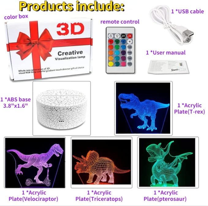 3D Hologram Dinosaur Night Light, 4 Patterns, Dimmable Remote/Smart Touch, 16 Color Changing Light, T-Rex Bedside Desk Lamp, Gift for Dinosaur Lovers