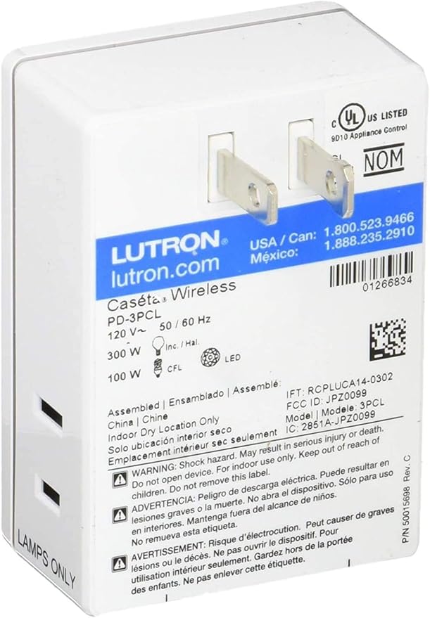 Lutron Caseta Plug-In Smart Lamp Dimmer Switch (Lutron Hub Required), Smart Light Switch Dimmer for Floor & Table Lamps, LED Lights, White (PD-3PCL-WH)