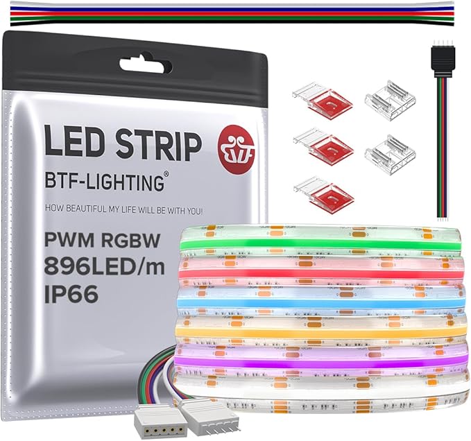 BTF-LIGHTING FCOB IP66 RGBW 6000K COB LED Strip 16.4FT DC24V Color Changing Flexible High Density Multicolor Light 12mm Width for Home Indoor Decor(No Adapter or Controller)