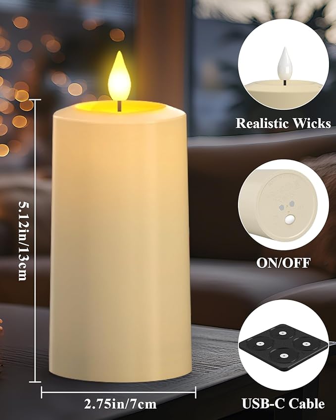 SoulBay Flameless Candles Rechargeable, 4 Pack LED Flickering Waterproof White Pillar Candles with Magnetic Charging Base Remote Timer for Indoor Outdoor Lantern Holiday Christmas Décor, 2.75" x 5.1 "