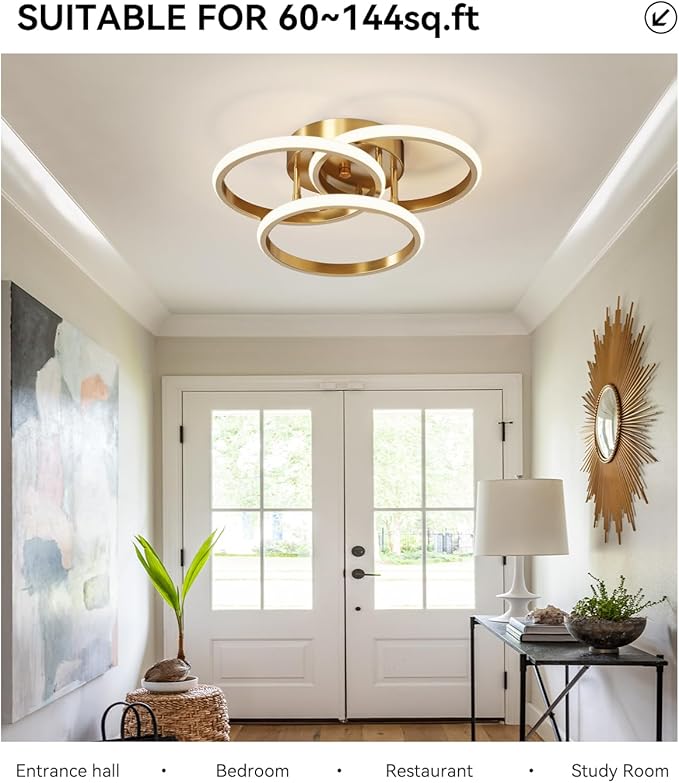 Dimmable LED Semi Flush Mount Ceiling Light Fixture with Remote Control 3-Color Dimming Circle Modern Chandelier, Close to Ceiling Bedroom Kitchen Hallways Balcony Corridor Lamp (15in- 3 Ring Gold)