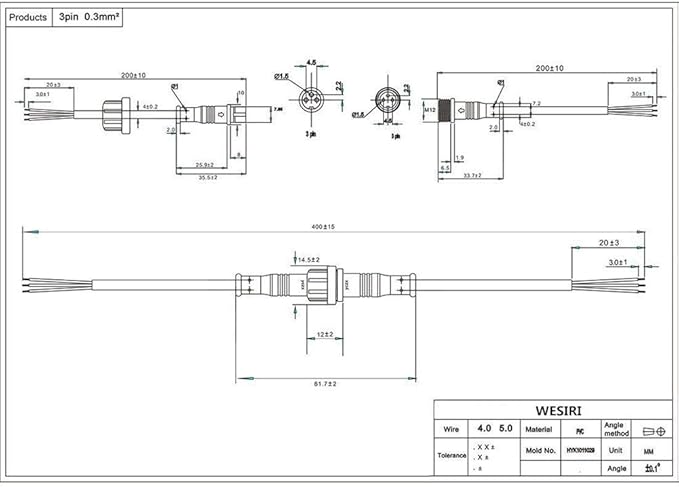 5Pairs 3 Core 3pin Black Pigtail Plastics Waterproof IP65 LED Connector Male Female 40cm/Pair Applicable 0.3mm² 15mm Nut for LED Lights