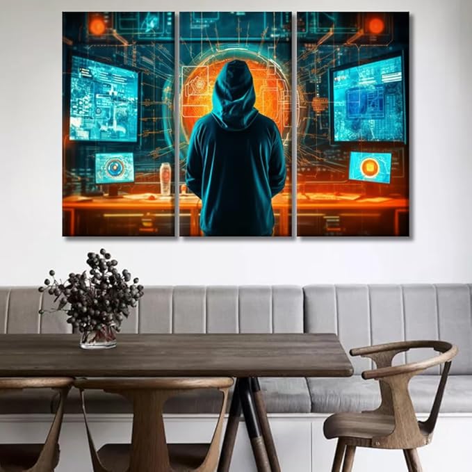 3 Panel Framed Wall Art Anonymous Hacker,Vulnerability of a Network, Data Thief Poster for Computer Room Wall Decoratio, Concept Art Gallery-Wrapped Ready to Hang 20x40inchx3