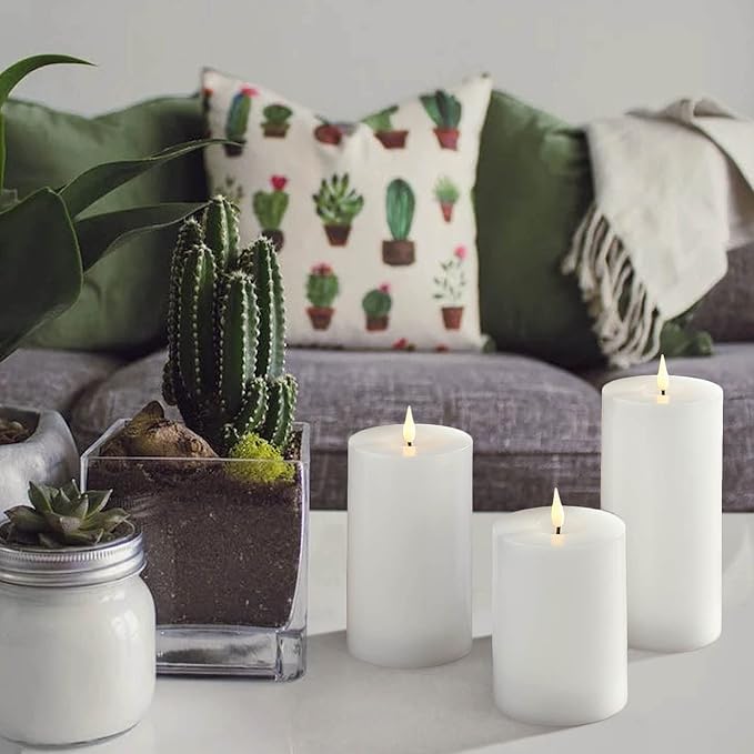 LampLust Realistic Flameless Pillar Candles with Remote, Set of 3, Batteries Included, Real White Wax, 3D Flickering LED Flame, 3 Inch Pillar Candles, Spring Decor, Centerpieces for Tables