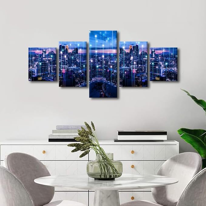 Bangkok Urban Skyline Wall Art 5 Panel Modern City Lighting Poster Big Data Abstract Point Picture Advanced Smart City Canvas Art Internet Workers Home Wall Decor Frame Ready to Hang 50x24 Inch