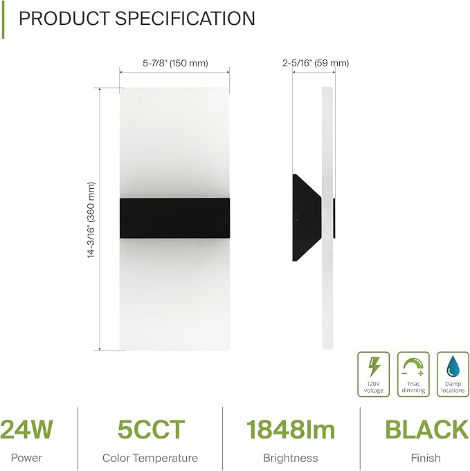 ASD 14 Inch Indoor LED Wall Sconce - 24W 2700K-5000K Dimmable Black Wall Sconce Lights for Living Room, Bedroom, Bathroom, Hallway - Modern Wall Sconces Hardwired, ETL Interior Light