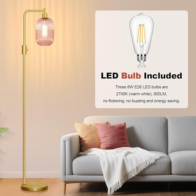 【Upgraded】 Dimmable Glass Floor Lamp for Living Room, Modern Gold Standing Lamp with Pink Ribbed Glass Lampshade & Knob Dimmer, Arc Tall Lamp for Bedroom Office Reading Room, 2700K Led Bulb Included