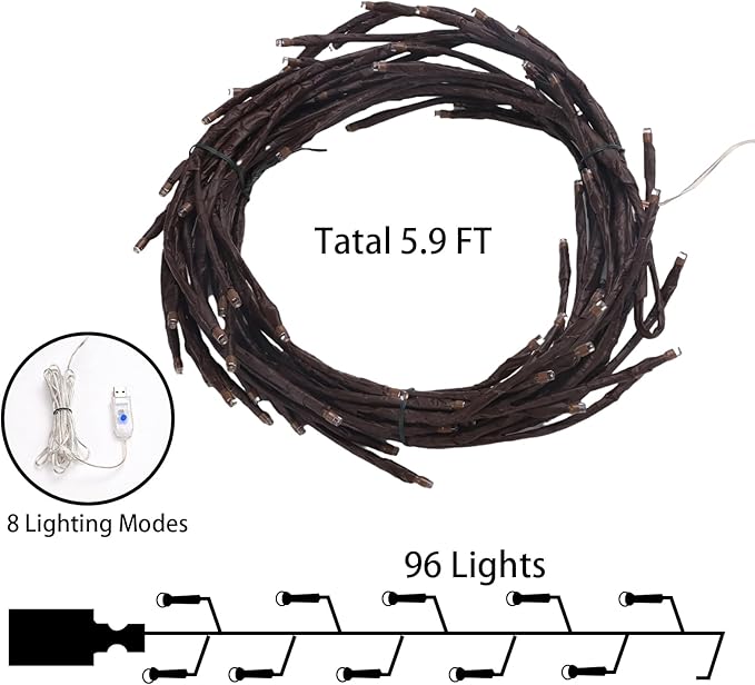 96 LED Willow Vine Lights 6FT Enchanted Wall Decoration Vine Lights 8 Modes for Home Indoor Wall Decoration (Warm White)