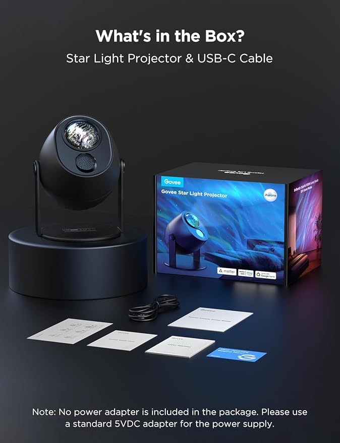 Govee Star Light Projector with 3 Aurora Flowing Effects, Works with Matter, Alexa and Google Assistant, 52 Scene Modes, 18 White Noise Options, LED Night Light Projector for Bedroom, Without Plug