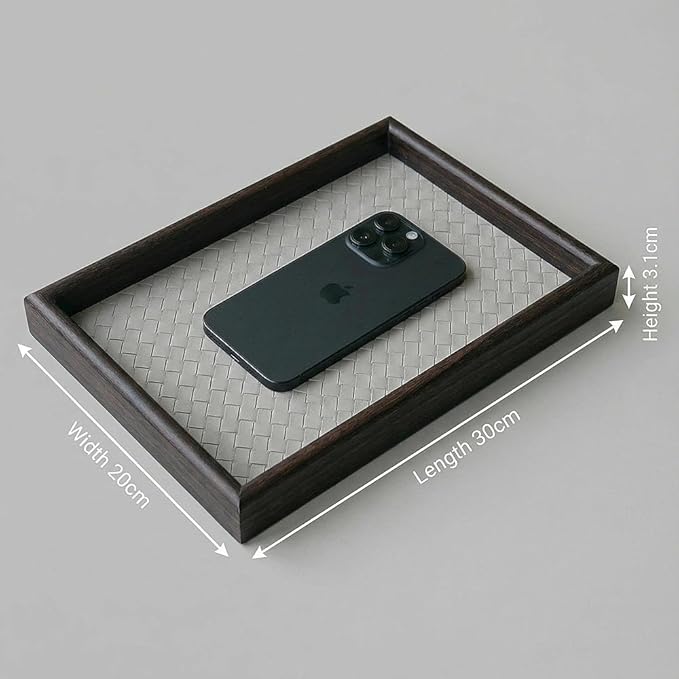 Zosenley Wooden Valet Tray with Leather Base - Nightstand Catchall Organizer for Cologne, Perfume, Keys, Wallet, Phone, Watch, Jewelry & Sunglasses (Llight Gray)