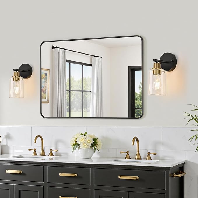 Set of 2 Wall Sconces for Bathroom, Black and Gold Modern Vanity Lights with Clear Glass Shade,Bathroom Wall Lamp for Mirror Kitchen Living Room Hallway Cabinet Porch
