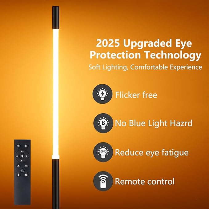 LED Dimmable Floor Lamp with Remote & Foot Switch, 2700–6000K Adjustable Color Temperature & Stepless Dimming, Slim Linear Tube Tall Standing Lamp, Modern Black Corner Lamp for Living Room Bedroom