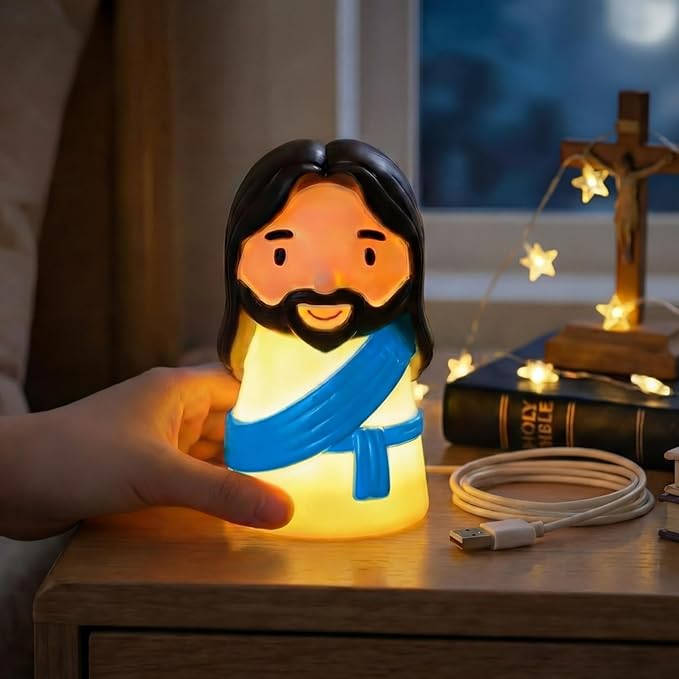 Cute Jesus Night Light, Jesus Gift, Dimmable PVC Christian Lamp, USB Rechargeable Touch Bedside Light, Baptism Favor, Easter & Religious Gifts (3 x 5 Inch)(Blue)