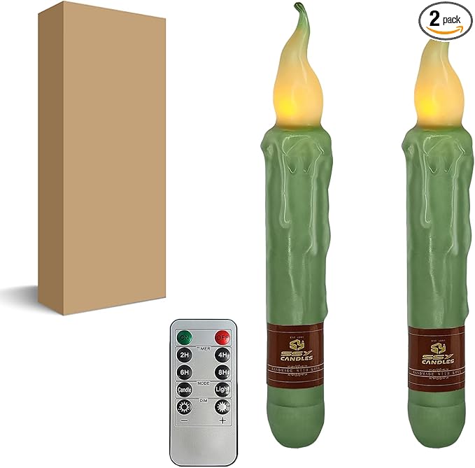 Sage Green Flameless Short Taper Candles, Real Wax Hand Dipped LED Battery Operated with Remote, Flickering Flame Lights for Festival Party Home Décor, 6.7 Inch Primitive Flameless Candles, 2PCS