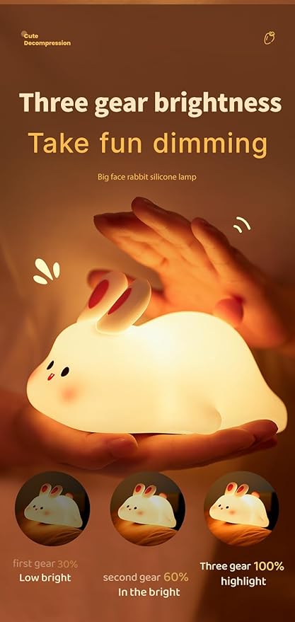 Bunny Night Light for Kids,Tap Dimmable,Rechargeable Portable and Squishy Silicone Led Nightlight,Kawaii Gift, Timing Bedside Lamp,Nursery,Toddler,Breastfeeding,Kids Room Decor,Birthday