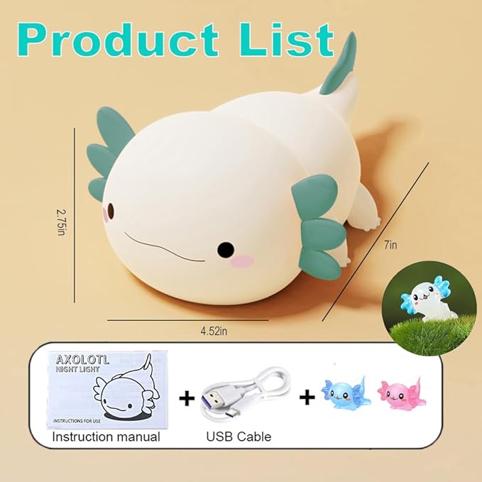 Cute Axolotl Night Light for Kids Bedroom, Animal Silicone Nursery Night Lamp Touch Control Nightlights USB Rechargeable Bedside Lamp for Baby Children Toddlers Girls Gift (Green Axolotl)