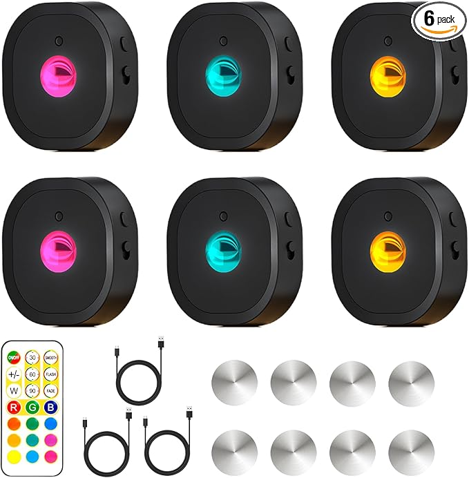 Puck Lights with Remote, Rechargeable Touch Push Lights, 13 RGB Colors Led Under Cabinet Lighting, 1500mAh Wireless Tap Light, Stick on Closet Light for Kitchen, Pantry, Shelves (Black 6 Pack)
