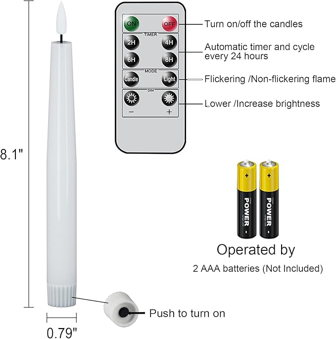 Flameless Taper Candles with Remote, Real Wax LED Taper Candles Battery Operated with 3D Flickering Wick, 4 Pack White Flameless Candlesticks for Halloween Christmas Wedding Holiday Decor