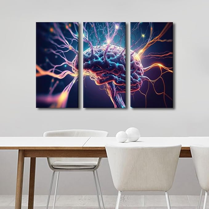 TUMOVO Future Technology Canvas Painting Wall Art 3 Pieces Brain Close-Up Wall Art Neurons Firing and Neural Extensions Wall Art for Home Office Wall Decoration, Framed Ready to Hang, 36" Wx24 H