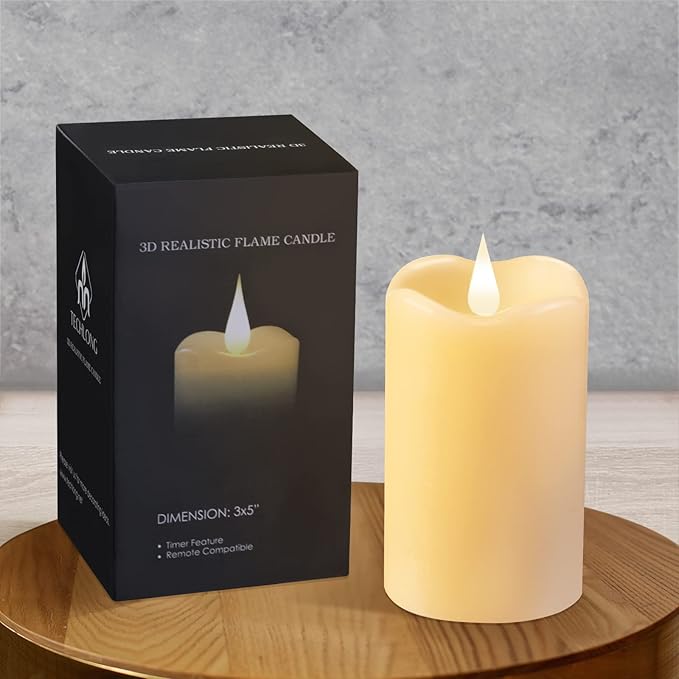 Flickering Flameless Candles with 3D Moving Flame, Last 1000+ Hours Battery Operated Candles with Timer, Ivory Real Wax Pillar Electric LED Candle for Wedding Christmas Party/3" x 5"