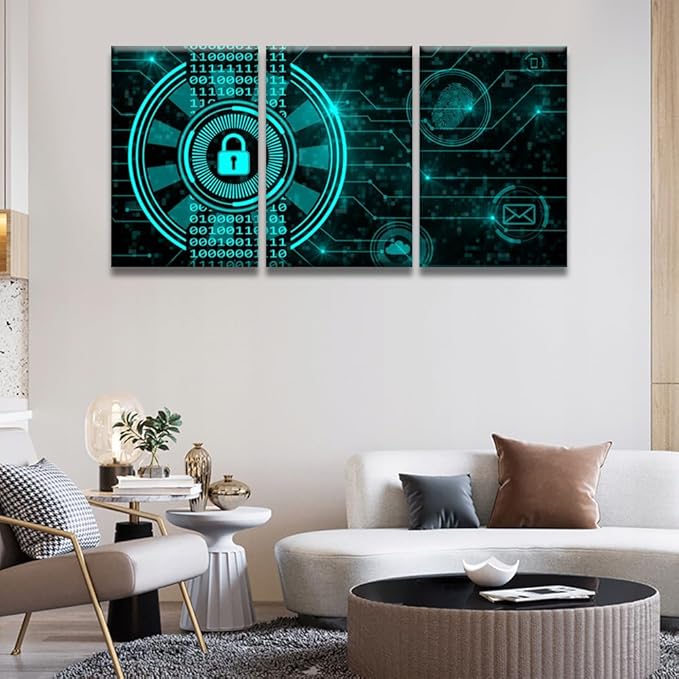 LSIUHWUWI 3 Panel Wall Art Secure Technology Concept Padlock Binary Code Hud Pictures Posters for Living Room Decorations, Connecting Lines Fingerprint Cloud Mail Artwork Ready to Hang, 16x24inchx3