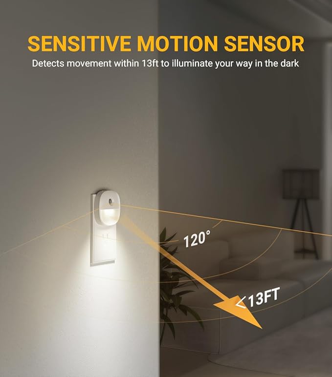 Lyridz Plug in Night Light with Motion Sensor and Dusk to Dawn Sensor, Dimmable Cool White Nightlight with 1-50lm Adjustable Brightness for Bedroom, Bathroom, Stairs, Hallway, 4 Pack