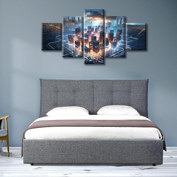 City Smart Brain Canvas Art Wall Decor Human Brain Energy Bedroom Wall Art Artificial Intelligence Concept Pictures Wall Painting for Living Room Modern Wall Art Framed Ready to Hang (60"Wx32"H)