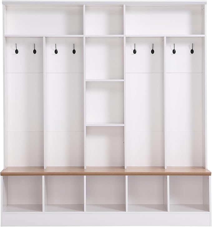 Wide Hall Tree With Shoe Storage Bench, Minimalist Entryway Coat Rack, Cube Storage and Shelves, Multifunctional Mudroom With 8 Hooks for Hallway (White)