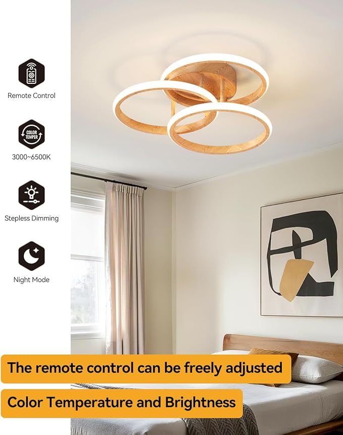 Dimmable LED Semi Flush Mount Ceiling Light Fixture with Remote Control 3-Color Dimming Circle Modern Light, Close to Ceiling Bedroom Kitchen Hallways Balcony Corridor Lamp (15in- 3 ring LightWood)