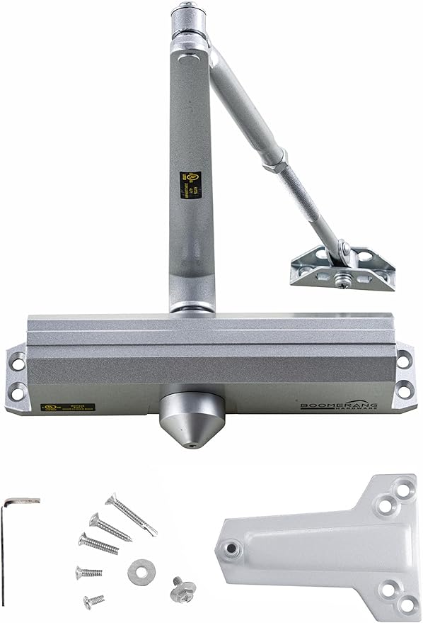 Boomerang Medium/Heavy Duty Automatic Commercial Door Closer -D4016 Surface Mounted, Grade 1- ADA & UL 3 Hour Fire Rated, Adjustable Size 1-6 for Entry & Aluminum Storefronts, Aluminum/Silver (US26D)