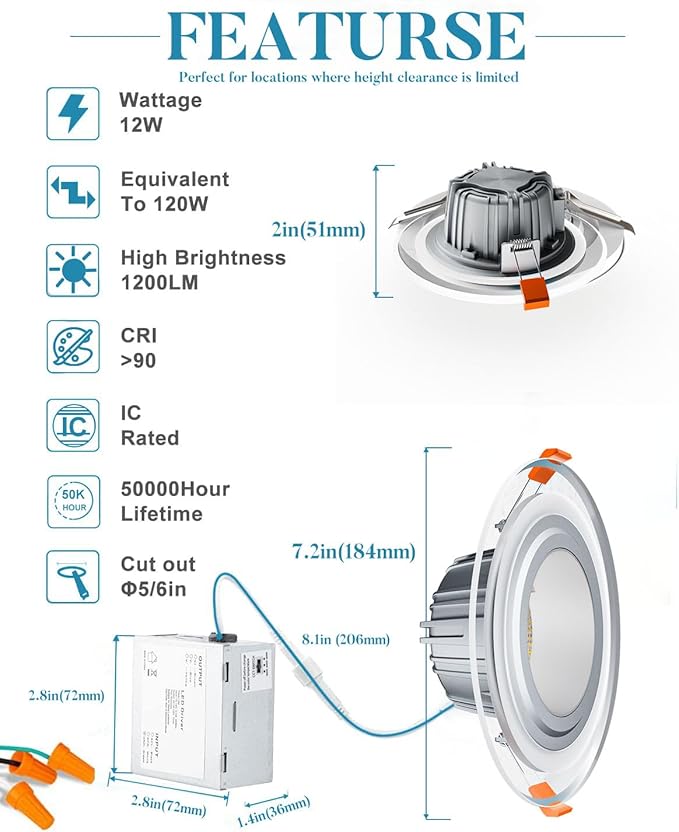 Lightdot 6" LED Recessed Lighting w/Night Light, Triac Dimmable, 12W 3000K/4000K/5000K Adjustable, Memory, CRI＞90, Retrofit, Gray w/Clear Acrylic Trim - 6 Pack