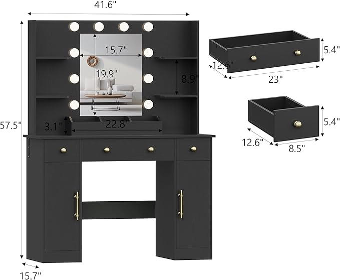 Makeup Vanity Desk with Mirror and Lights, 43" Black Vanity Set with 3 Drawers, Power Outlet & Adjustable RGB LED Lights, Dressing Table with Storage Shelf for Women & Girls Bedroom