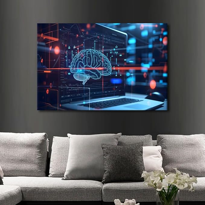 TUMOVO Artificial Intelligence Concept with Human Brain Wall Art for Bedroom Large Living Room Wall Decor Digital Brain on Modern Computer Background Poster Framed Ready to Hang 24" Wx36 Hx1 Panel