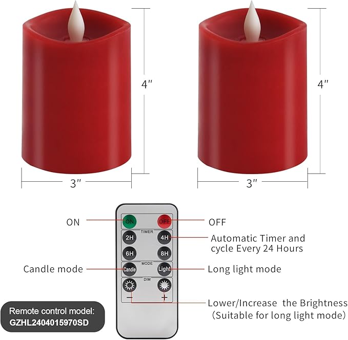 3″x4″ Flickering Flameless Candles Set of 2, 2AA Battery Life 600 Hours Battery Candles Flickering with Timer,4 inch Flameless Candles with Remote for Indoor/Outdoor, Red