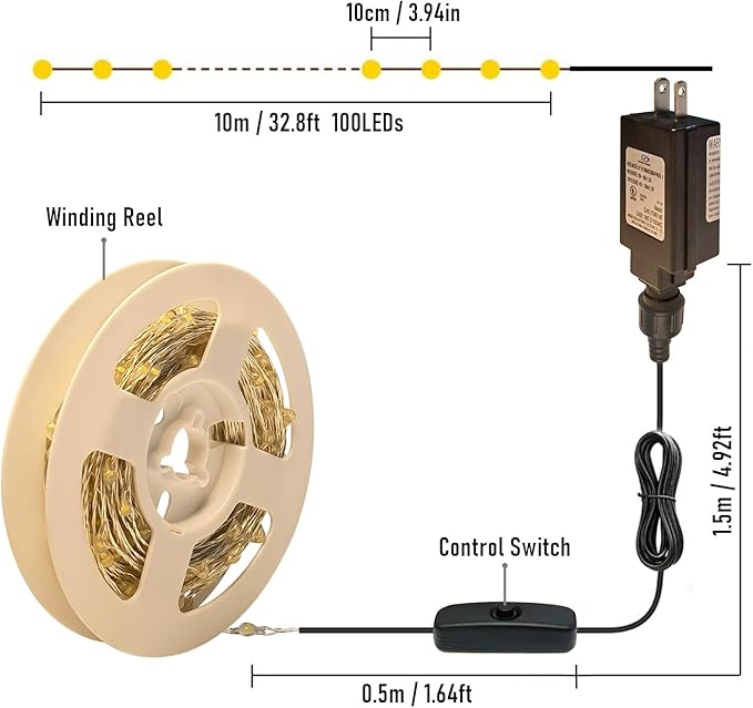 RUICHEN Plug in Fairy Lights with Switch, Waterproof 33 Ft 100 LED Silver Wire Starry String Firefly Lights for Christmas, Easter, Thanksgiving, Parties, Wedding, Vases, Craft, Warm White
