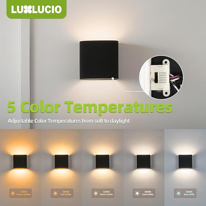 2 Pack Indoor Outdoor Black Up and Down LED Wall Light, Modern Bedroom/Porch Wall Lamp, IP65 Waterproof, 5%-100% Dimmable 18W 1620lm, 5CCT (2700K-5000K), CRI 90+, 120V-277V