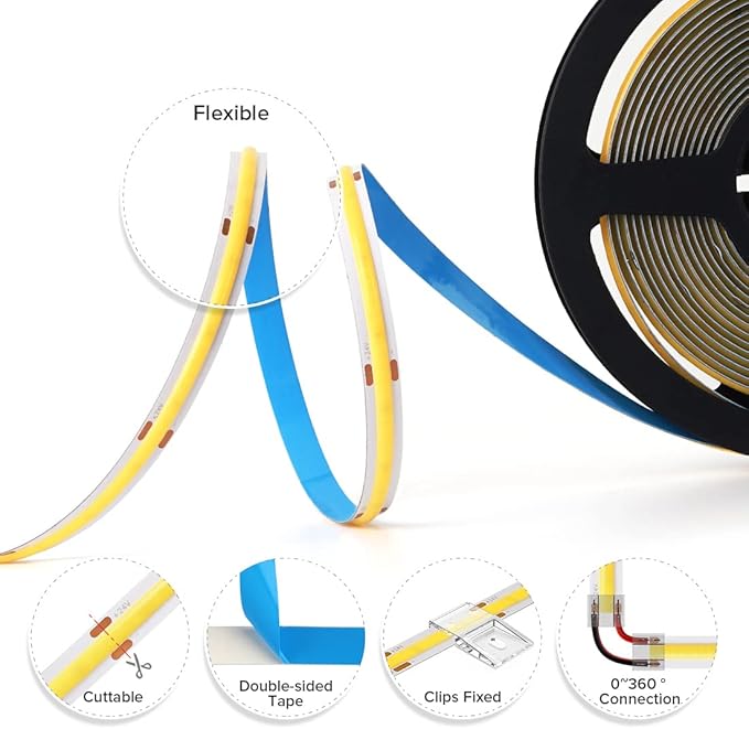 BTF-LIGHTING FCOB COB LED Strip Flexible High Density Uniform Light 9W/m 16.4FT DC24V Natural White 4000K CRI 90+ 8mm Width Dimmable LED Ribbon for Indoor Decor(No Adapter or Controller)