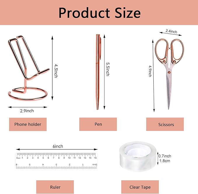 suniya Office Supplies,Desk Accessories,with Stapler,Tape Dispenser,Pen Holder Cup for Desk,Staple Remover,Scissor,Ballpoint Pen,Clear Tape, Staples,Phone Stand,Ruler,Binder,Best Gift Set(Rose Gold)